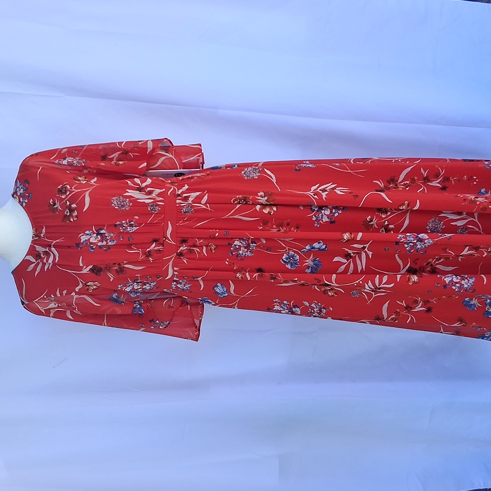 Calvin Klein Floral Draped Sleeve Dress Red 6